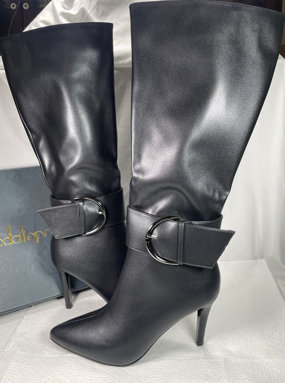 Modatope Knee High Boots Women Size 9 BLACK Patent Leather Pointed Toe NEW